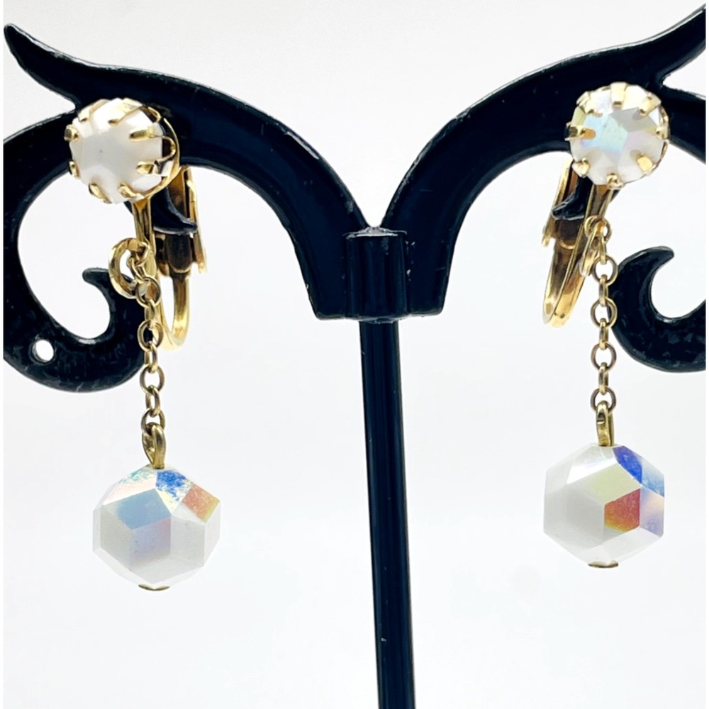 Vintage Clip On Earrings White Aurora Borealis Bead Dangle Gold Tone